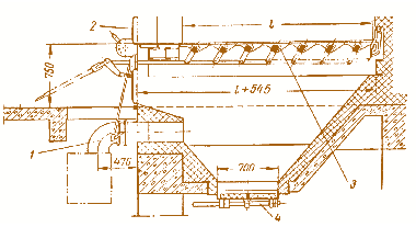 Мал. 4.20. Колосникова решітка з поворотними колосниками: 1 – дуттєва заслінка; 2 – топкові дверці; 3 – колосникова решітка; 4 – шлаковий затвор