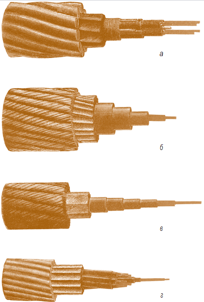 Мал. 11.19. Загальний вигляд перших одножильних кабелів: а – кабель Довер Калаїса 1851 р.; б – перший трансатлантичний кабель 1857 р.; в – другий трансатлантичний кабель 1865 р.; г – підземний кабель між Берліном і Галле 1876 р.