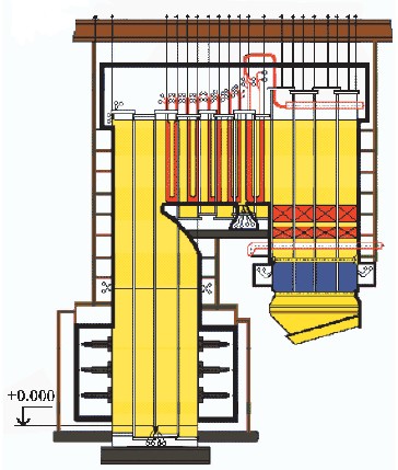 Мал. 2.15. Загальна схема сучасного газомазутного парового котла ТГМП-805С3 (в розрізі)