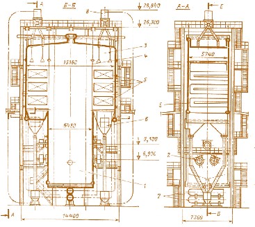 Мал. 2.29. Водогрійний котел КВ-ГМ-180-150:  1 – топка; 2 – пальники; 3 – поворотний газохід;  4 – розділяючий екран зімкнутих радіаційної та конвективної шахт; 5 – конвективні нагрівальні пакети;  6 – вихід продуктів згорання; 7 – камери води для тепломережі;  8 – дробоочистка