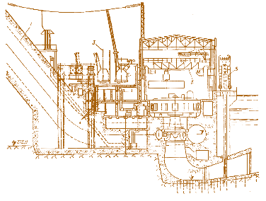 Мал. 4.15. Пригребельний будинок Зейської ГЕС. Поперечний розріз:  1 – трубопровід; 2 – підвищувальний трансформатор; 3 – вісь шляхів прокатки трансформатора; 4 – кабельні галереї;  5 – козловий кран; 6 – мостовий кран машинного залу