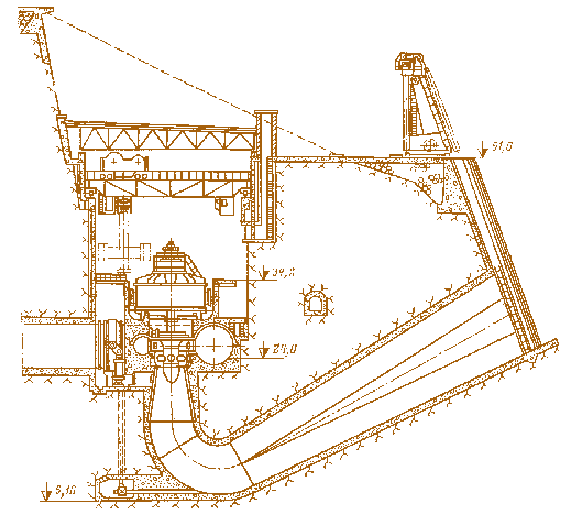 Мал. 4.21. Напівпідземний будинок Вілюйської ГЕС. Поперечний розріз