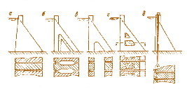 Мал. 4.37. Типи гравітаційних бетонних гребель:  а – масивна; б – з розширеними швами;  в – з порожнинами в основі;  г – з порожнинами, заповненими баластом;  д – заанкерена в основу