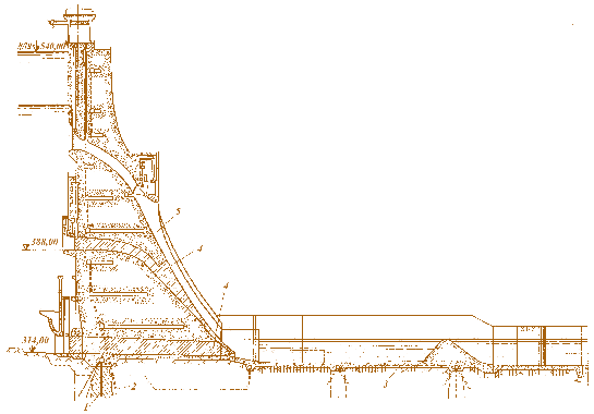 Мал. 4.42. Поперечний розріз греблі Саяно-Шушенської ГЕС:  1 – цементаційна завіса; 2 – дренажна завіса; 3 – водобійна плита, 4 – будівельний водоскид;  5 – експлуатаційний водоскид