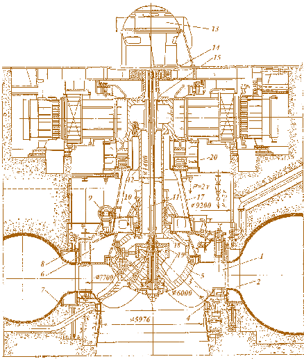Мал. 5.8. Розріз по гідроагрегату Зейської ГЕС із діагональною поворотнолопатевою турбіною й зонтичним генератором:  1 – лопатки напрямного апарата; 2 – колони статора; 3 – сферична частина камери робочого колеса; 4 – нижній пояс камери робочого колеса; 5 – робоче колесо турбіни; 6 – кришка турбіни;  7 – спіральна камера; 8 – опорний фланець; 9 – сервомотор напрямного апарата;  10 – турбінний підшипник; 11 – мастилопроводи до сервомотора робочого колеса; 12 – вал;  13 – маслоприймач; 14 – генераторний підшипник; 15 – надставка вала; 16 – маточина ротора генератора; 17 – опорний конус; 18 – кришка робочого колеса;  19 – сервомотор робочого колеса; 20 – підп'ятник