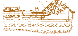 Мал. 5.13. Горизонтальна ковшова турбіна:  1 – водовід; 2 – робоче колесо турбіни;  3 – передтурбінний затвор; 4 – вал