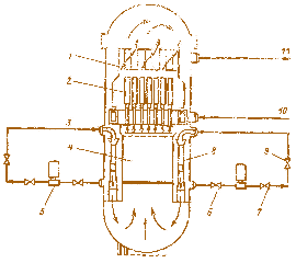 Мал. 2.50. Корпус BWR із системами циркуляції і вприскування високого  і низького тиску:  1 – осушувачі пари; 2 – сепаратори пари;  3 – контур примусової циркуляції;  4 – активна зона; 5 – циркуляційний насос;  6 – запорний клапан; 7 – регулюючий клапан; 8 – струминний насос;  9 – запорний клапан; 10 – трубопровід живильної води від турбіни; 11 – паропровід до турбіни 