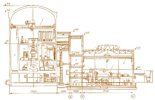 Мал. 4.3. Поперечний розріз головного корпуса п’ятого енергоблоку Нововоронізької АЕС:  1 – реактор; 2 – компенсатор об’єму; 3 – вентиляційна установка; 4 – басейн перегрузки палива; 5 – транспортна шахта; 6 – круговий кран реакторного відділення;  7 – турбоагрегат; 8 – мостовий кран машинної зали; 9 – етажерка електропристрою 