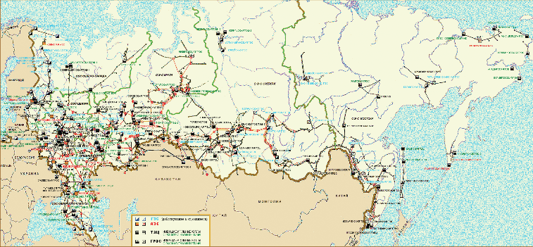 Мал. 4.1. Території об’єднаних енергосистем Росії (мовою оригіналу) 