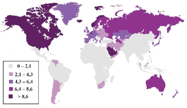 Мал. 1.2. Душове споживання енергії в країнах світу в 2007 р. (Джерело – BP world Energy Revue, 2008)