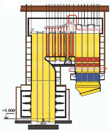 Рис. 2.15. Общая схема современного газомазутного парового котла ТГМП-805С3 (в разрезе)