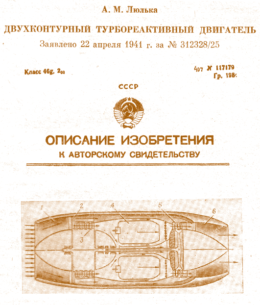 Рис. 3.17. Авторское свидетельство А.М. Люльки на ДТРД: 1 – входной диффузор; 2 – вентилятор; 3 – компрессор; 4 – камера сгорания; 5 – газовая турбина; 6 – реактивное сопло