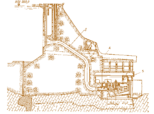 Рис. 4.7. Токтогульская ГЭС. Поперечный разрез: 1 – граница укрепительной цементации основания; 2 – цементационная завеса; 3 – турбинный трубопровод; 4 – водосброс; 5 – здание ГЭС