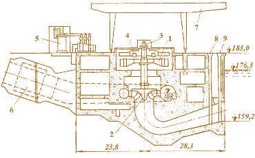 Рис. 4.53. Поперечный разрез по зданию ГАЭС Ладингтон (США): 1 – двигатель-генератор; 2 – обратимая гидромашина; 3 – камера компенсаторов трубопровода; 4 – трансформатор; 5 – паз ремонтного затвора; 6 – паз решетки; 7 – кран