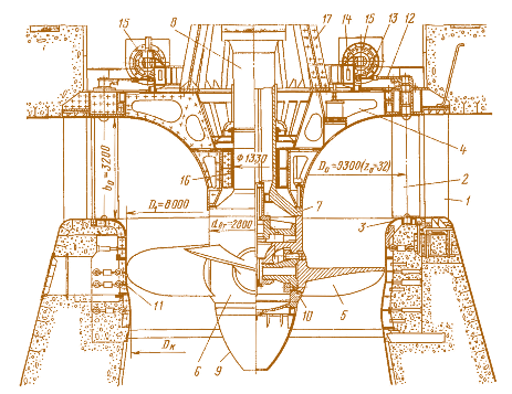 Рис. 5.7. Разрез по поворотно-лопастной турбине Кременчугской ГЭС: 1 – колонны статора; 2 – направляющие лопатки; 3 – нижнее кольцо; 4 – крышка турбины; 5 – лопасти рабочего колеса; 6 – корпус рабочего колеса; 7 – фланец вала; 8 – вал;  9 – обтекатель рабочего колеса; 10 – камера рабочего колеса; 11 – выдвижной сегмент;  12 – рычаг направляющей лопатки; 13 – серьга; 14 – регулирующее кольцо; 15 – сервомоторы; 16 – подшипник; 17 – опорная конструкция подпятника генератора